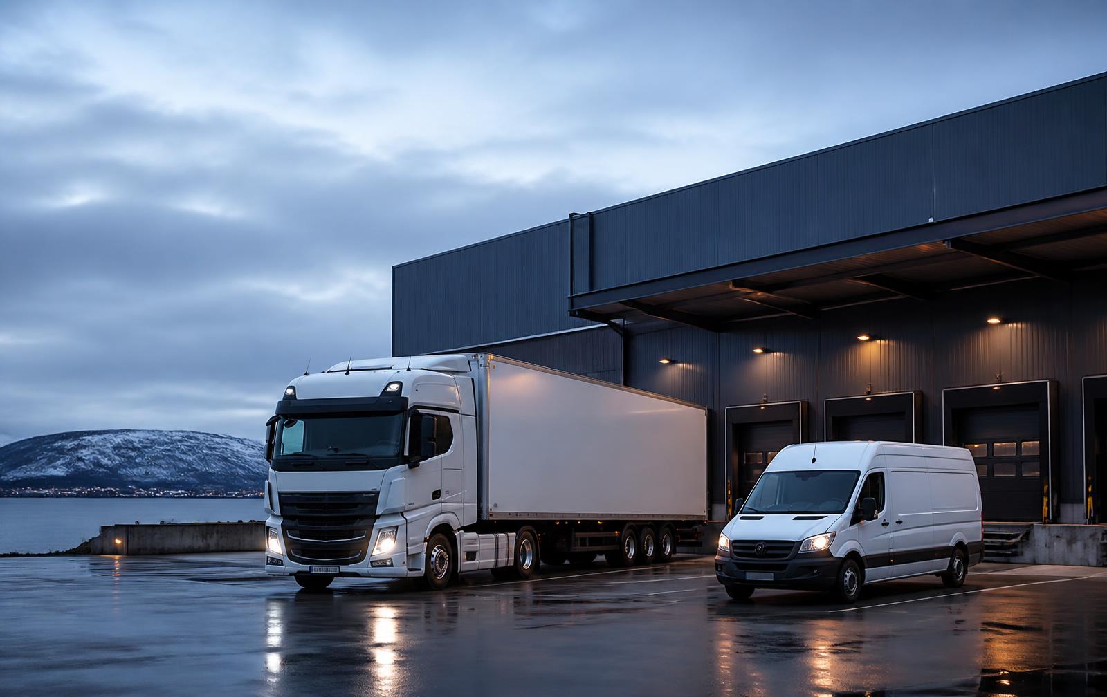 Lastbil og varebil ved en logistikterminal
